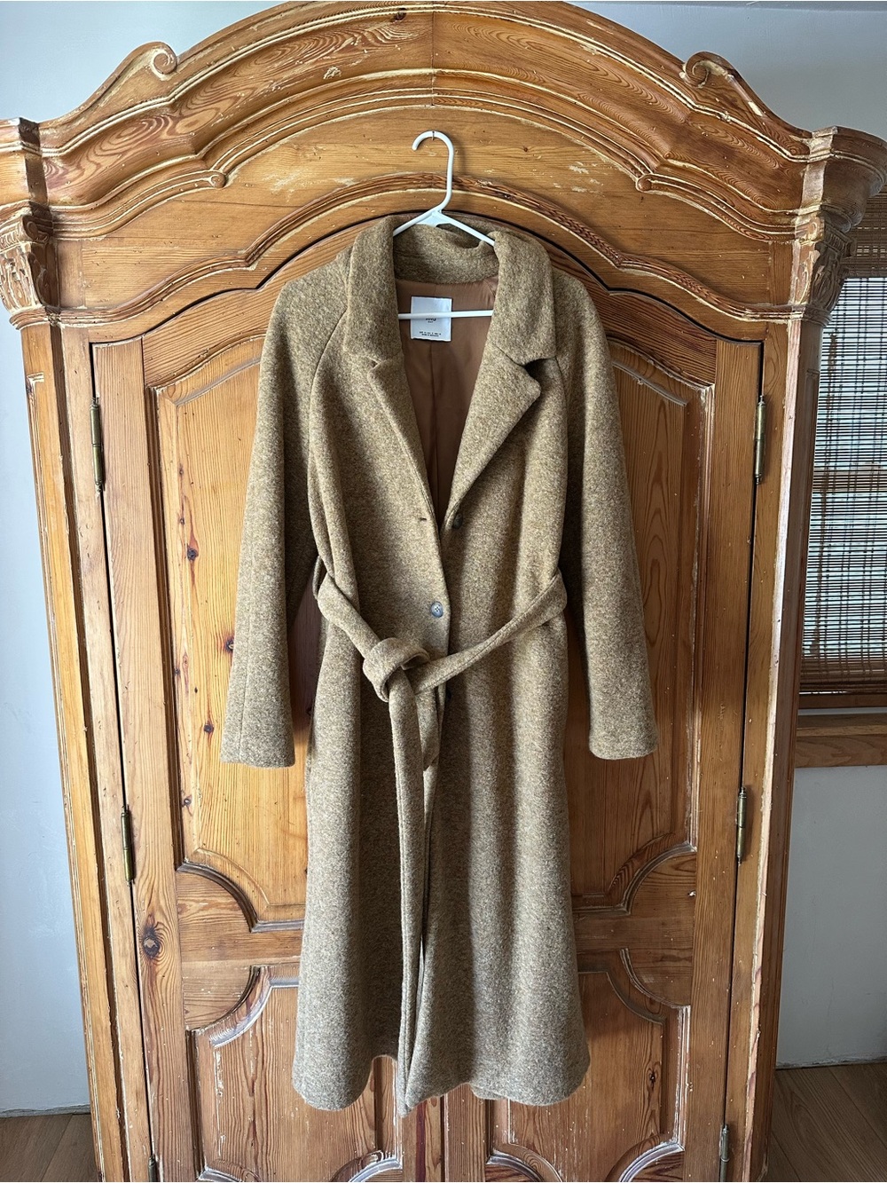 Mango MNG Oat Tan Heathered Long Wool Blend Coat tie and button front size SM - Picture 4 of 7